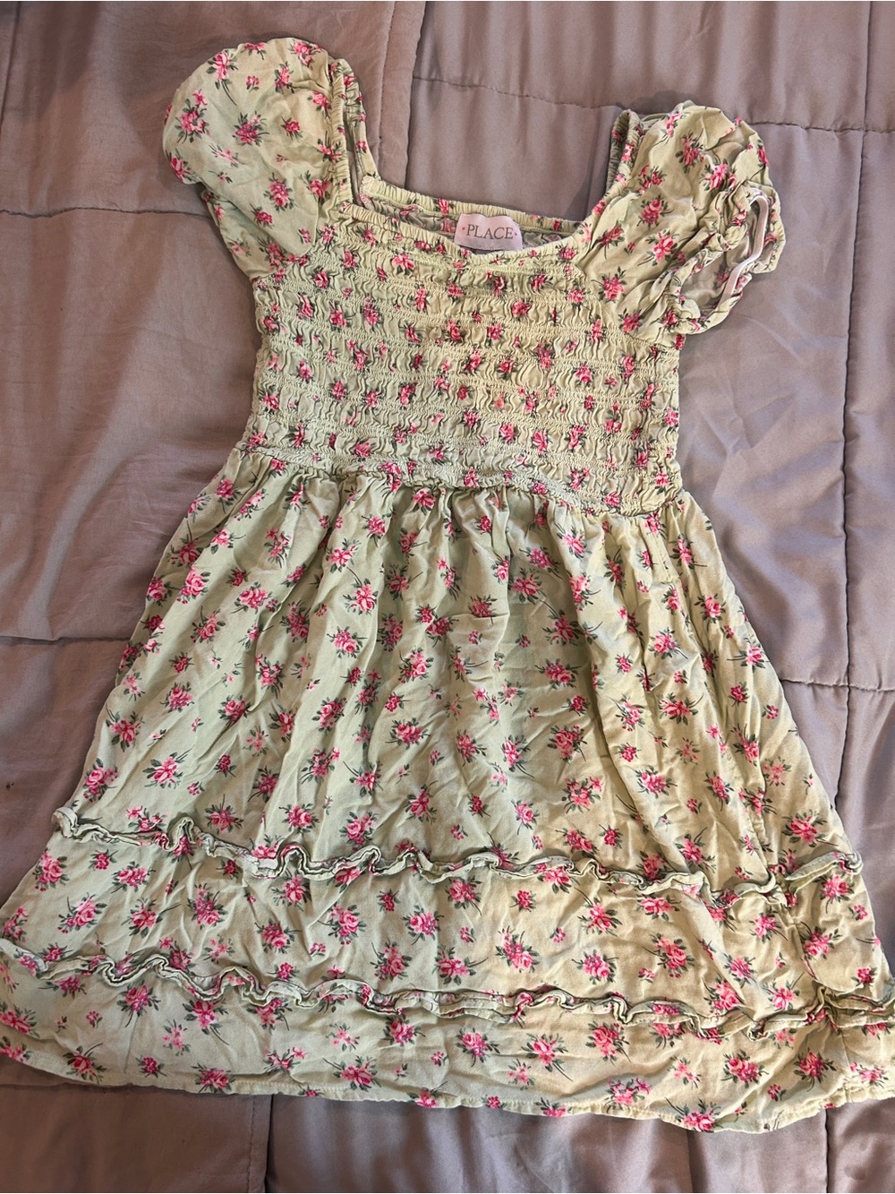 The Children's Place Light Green Dress with Pink Floral Print